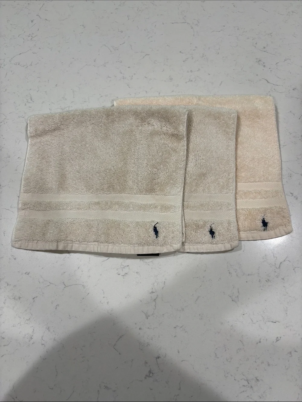 Ralph Lauren Beige Hand Towel Trio with Navy Pony